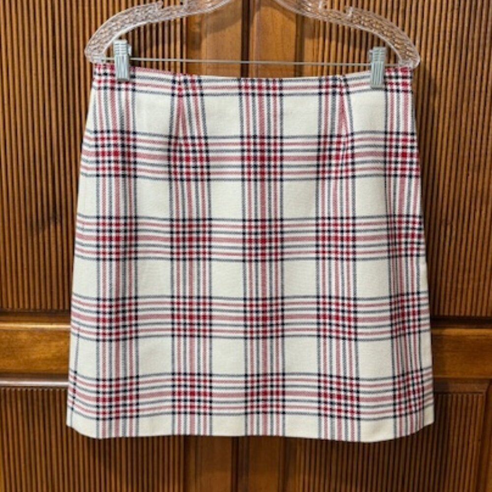 Brooks Brothers Red Fleece Red Blue & Ivory Plaid Cotton A-Line Skirt Size 8